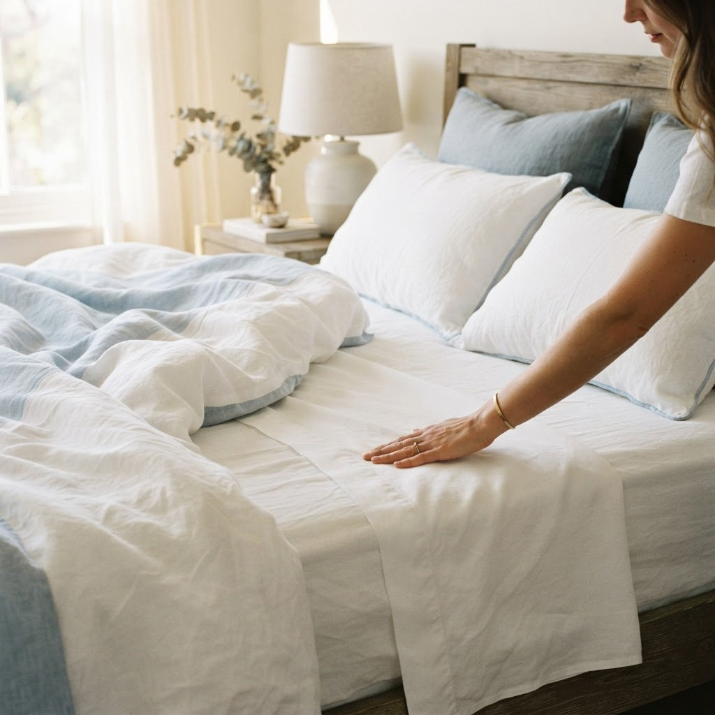 Hands smoothing crisp layered bed linens